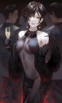  1girl absurdres bare_shoulders black_dress black_hair blurry blurry_background breasts breasts_apart champagne_flute clothing_request commentary covered_navel cowboy_shot cup dress drinking_glass earrings elbow_gloves fur_shawl gloves groin highres holding holding_cup hoop_earrings jewelry kaoming large_breasts linea_alba looking_at_viewer medium_breasts mole mole_on_neck navel_piercing nijisanji parted_lips people piercing revealing_clothes see-through see-through_dress shawl shirayuki_tomoe short_hair sleeveless sleeveless_dress solo_focus teeth underboob upper_teeth_only virtual_youtuber 