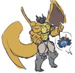 2022 abs anthro anthro_male armor beard biceps big_tail blonde_hair blue_hair blush boots clothing countershade_torso countershade_wings countershading dragon duo facial_hair footwear forearm_muscles hair headgear helmet hi_res horn huge_tail legwear male muscular muscular_anthro muscular_male pecs ring scar tail triceps wings yellow_body yellow_countershading yellow_tail zephyrchill