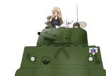  2girls black_shirt blonde_hair blue_eyes brown_hair burger closed_mouth commentary cup disposable_cup eating emblem food food_on_face girls_und_panzer green_headwear guropara hair_intakes helmet holding holding_food holding_map jacket kay_(girls_und_panzer) looking_at_another m4_sherman map medium_hair military_vehicle motor_vehicle multiple_girls open_clothes open_jacket saunders_(emblem) saunders_military_uniform shirt simple_background spill tank tank_helmet white_background 