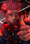  1boy artist_name embers extra_eyes facial_mark facial_tattoo highres itadori_yuuji jujutsu_kaisen jujutsu_tech_uniform looking_at_viewer male_focus pink_hair pointing pointing_at_viewer purple_nails red_eyes red_hood rei_(poro06625649) ryoumen_sukuna_(jujutsu_kaisen) short_hair slashing solo tattoo 