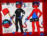 anthro arm_warmers armwear black_clothing black_hair black_nose black_shirt black_t-shirt black_topwear blue_and_red blue_body blue_eyes blue_fur blue_hair blue_horn blue_nose blue_sclera bone bracelet clothing collar demon ear_piercing ear_ring eyewear felid felid_demon feline_demon female fire_axe fur glasses goat_skull hair holding_axe holding_object holding_weapon horn hybrid jac-o-lyn jac-o-lyn_(character) jewelry lion lion_demon mammal model_sheet necklace pantherine pattern_arm_warmers pattern_armwear pattern_clothing piercing pupils red_body red_eyes red_fur red_pupils red_tail ring_piercing shirt skull skull_necklace solo spade_tail spiked_bracelet spiked_collar spikes striped_arm_warmers striped_armwear striped_clothing stripes t-shirt tail topwear weapon