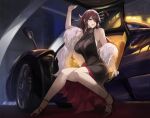  1girl alternate_costume bare_shoulders beidou_(genshin_impact) black_dress breasts brown_hair car dress eyepatch feather_boa genshin_impact hair_ornament hair_stick high_heels highres large_breasts long_hair motor_vehicle red_eyes sitting sleeveless sleeveless_dress smile solo strappy_heels tommy_(kingdukeee) 