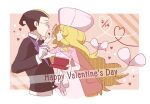  1boy 1girl blonde_hair bow bowtie box caitlin_(pokemon) candy chocolate cropped_torso darach_(pokemon) dress food glasses happy_valentine heart heart-shaped_chocolate heart_of_string holding holding_box kodama_pokepoke long_hair multicolored_hair pink_headwear pokemon pokemon_bw pokemon_dppt pokemon_platinum see-through_cape signature two-tone_hair valentine very_long_hair white_dress 