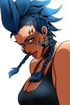  1girl black_choker black_tank_top blue_hair braid breasts brown_lips choker cleavage commentary earrings english_commentary eyebrow_piercing jewelry junker_queen_(overwatch) large_breasts lip_ring mohawk overwatch overwatch_2 piercing red_eyes side_braids solo spikes strstyler studded_choker tank_top thick_eyebrows thick_lips twin_braids white_background 
