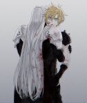  2boys arm_armor armor belt black_coat black_gloves blonde_hair blood blood_in_hair blood_on_clothes blood_on_face blue_eyes cloud_strife coat commentary facing_away final_fantasy final_fantasy_vii gloves grey_background grey_hair haagi123 hug long_hair looking_to_the_side male_focus multiple_boys parted_lips pauldrons scared sephiroth short_hair shoulder_armor spiked_hair upper_body very_long_hair yaoi 