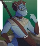 anthro argonian armwear bethesda_softworks blue_body blue_markings bottomwear brown_markings clothed clothing cosmic_noodle digital_media_(artwork) fin head_fin hi_res horn looking_at_viewer male markings melee_weapon multicolored_body quarterstaff reptile scalie simple_background solo tail the_elder_scrolls topwear weapon