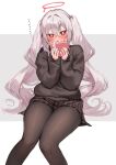  1girl absurdres black_skirt black_sweater blush box brown_pantyhose commentary_request daifukumochi_(akaaokiiwo) feet_out_of_frame fingernails gift gift_box grey_background grey_hair hair_between_eyes halo hands_up heart-shaped_box highres holding holding_gift knees_together_feet_apart long_hair long_sleeves looking_at_viewer nail_polish open_mouth original pantyhose pink_nails plaid plaid_skirt pleated_skirt puffy_long_sleeves puffy_sleeves red_eyes skirt sleeves_past_wrists solo sweater translation_request twintails two-tone_background very_long_hair white_background 