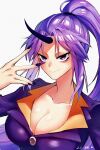  1girl absurdres breasts cleavage closed_mouth collarbone commentary dated film_grain fingernails heng_(heng798616) highres horns jacket large_breasts long_fingernails long_hair parted_bangs ponytail purple_eyes purple_hair purple_jacket shion_(tensei_shitara_slime_datta_ken) simple_background single_horn smile solo tensei_shitara_slime_datta_ken white_background 