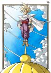  1boy blonde_hair blue_sky border brown_footwear cape clenched_hands closed_mouth cloud commentary_request day dragon_ball dragon_ball_z full_body green_eyes highres initial jumpsuit kakeru_(dbskakeru) male_focus on_roof outdoors purple_jumpsuit red_sash sash serious shoes sky solo son_gohan spiked_hair standing super_saiyan toriyama_akira_(style) white_border white_cape 