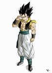  1boy abs baggy_pants biceps black_eyes black_footwear black_thighhighs black_vest clenched_hand dragon_ball dragon_ball_super dragon_ball_super_broly finger_to_face full_body gogeta highres initial kakeru_(dbskakeru) male_focus muscular muscular_male official_style open_clothes open_vest pants shoes simple_background sleeveless solo spiked_hair thighhighs toriyama_akira_(style) vest white_background white_pants 