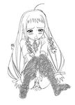  ahoge ayase_yue blush braid greyscale long_hair lowres mahora_academy_middle_school_uniform mahou_sensei_negima! masturbation monochrome okiyumi_kase open_mouth panties pantyshot pantyshot_(sitting) pussy_juice quad_tails saliva school_uniform sitting solo tears thighhighs twin_braids underwear 