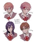  4boys :t absurdres blue_eyes bow bow_earrings brown_hair character_name collared_shirt copyright_name cropped_shoulders doki_doki_literature_club earrings edajima_denki genderswap genderswap_(ftm) green_eyes grin hair_ornament hairclip highres jacket jewelry looking_at_viewer male_focus mars_symbol medium_hair monika_(doki_doki_literature_club) multiple_boys natsuki_(doki_doki_literature_club) neck_ribbon parted_lips pink_eyes pink_hair purple_eyes purple_hair purple_jacket red_ribbon ribbon sayori_(doki_doki_literature_club) shirt short_hair simple_background smile white_background yuri_(doki_doki_literature_club) 