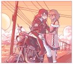  2girls boots brown_hair evening highres kirijou_mitsuru leg_lift looking_at_another moocaron motor_vehicle motorcycle multiple_girls persona persona_3 power_lines red_hair road short_hair smile sun takeba_yukari utility_pole yuri 