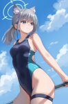  1girl animal_ear_fluff animal_ears bare_arms bare_legs bare_shoulders black_one-piece_swimsuit blue_archive blue_eyes breasts closed_mouth competition_swimsuit cowboy_shot cross_hair_ornament day extra_ears fanteam grey_hair hair_ornament highres medium_breasts medium_hair mismatched_pupils official_alternate_costume one-piece_swimsuit outdoors shiroko_(blue_archive) shiroko_(swimsuit)_(blue_archive) sky solo swimsuit thigh_strap wolf_ears 