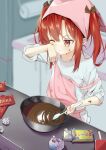  1girl apron bowl chocolate chocolate_on_face choro_tofu food food_on_face head_scarf holding holding_spatula indoors long_hair one_eye_closed original red_eyes red_hair solo spatula stirring twintails valentine wiping_face 