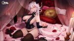  1girl aegir_(azur_lane) alternate_costume azur_lane bed black_footwear black_gloves black_panties black_thighhighs bottle box box_of_chocolates breast_curtains breast_hold breasts candle canopy_bed cleavage commentary corset cross cross_earrings cup curtains demon_horns double-parted_bangs drinking_glass earrings elbow_gloves english_commentary flower full_body fur_pillow gloves grin hair_between_eyes hair_on_horn heart-shaped_box high_heels highres horns iron_cross jewelry large_breasts logo long_hair looking_at_viewer magister mask multicolored_hair official_art orange_eyes panties pillow red_hair rose second-party_source sitting sleep_mask sleeveless smile solo streaked_hair thighhighs tray two-tone_hair underwear unworn_mask valentine very_long_hair wariza watermark white_hair wine_bottle wine_glass 