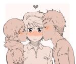  1boy 1girl 1other :3 androgynous ange_(angeban93) bisexual_female bisexual_male blush bow collared_shirt commentary double_cheek_kiss english_commentary hair_bow heart kiss kissing_cheek nose_blush original shirt 