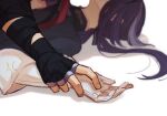  1boy 1girl black_gloves black_ribbon black_shirt bow clorinde_(genshin_impact) close-up fingerless_gloves from_side genshin_impact gloves hair_ribbon hand_focus hetero holding_another&#039;s_wrist lying mizuchi_kai on_ground purple_bow purple_hair ribbon shadow shirt signature white_background white_gloves wriothesley_(genshin_impact) 