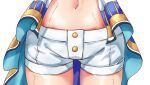  1girl asake_ameji commentary_request highres horse_girl jacket mejiro_mcqueen_(end_of_sky)_(umamusume) mejiro_mcqueen_(umamusume) multicolored_clothes multicolored_jacket navel navel_focus open_clothes open_jacket shorts simple_background solo sweat umamusume white_background white_shorts zettai_ryouiki 