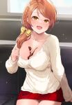  1girl blush bow braid breasts brown_eyes brown_hair chocolate chocolate_on_body chocolate_on_breasts cleavage collarbone food_on_body hair_bow hair_over_shoulder highres hojo_karen idolmaster idolmaster_cinderella_girls indoors long_hair looking_at_viewer medium_breasts mk_(mod0) open_mouth orange_nails plaid plaid_skirt red_skirt shirt single_braid sitting skirt solo white_shirt yellow_bow 