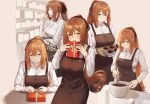  1girl 3_small_spiders apron bow box brown_apron brown_bow brown_hair chocolate commentary_request gift gift_box girls&#039;_frontline green_eyes hair_bow highres long_hair looking_at_viewer multiple_views open_mouth shirt smile springfield_(girls&#039;_frontline) white_shirt 