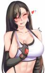  1girl anisdrawn black_gloves black_hair breasts commentary crop_top elbow_gloves final_fantasy final_fantasy_vii fingerless_gloves gloves grin head_tilt highres large_breasts long_hair looking_at_viewer midriff navel one_eye_closed red_eyes simple_background smile solo stomach tank_top tifa_lockhart upper_body very_long_hair white_background white_tank_top 