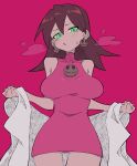  1girl absurdres bare_shoulders breasts brown_hair buzzlyears dress earrings glowing glowing_eyes green_eyes highres jewelry lab_coat large_breasts medium_hair mega_man_(series) mega_man_legends_(series) pink_background pink_dress simple_background solo tron_bonne_(mega_man) 