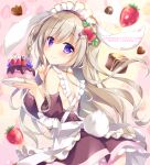  1girl ameto_yuki animal_ears apron ass backless_dress backless_outfit bare_shoulders blush breasts brown_dress cake candy chocolate closed_mouth commentary_request dress floppy_ears food frilled_apron frills from_side fruit hair_between_eyes hands_up heart heart-shaped_chocolate holding holding_plate index_finger_raised large_breasts light_brown_hair long_hair looking_at_viewer looking_to_the_side maid maid_apron maid_headdress original panties pink_panties plate purple_eyes rabbit_ears rabbit_girl rabbit_tail smile solo strawberry tail tail_through_clothes underwear very_long_hair white_apron 