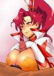  1girl :3 bandeau blush breasts brown_eyes censored covered_nipples gloves hetero huge_breasts itou_eito naughty_face paizuri penis ponytail red_hair solo_focus space_yoko strapless sweat tengen_toppa_gurren_lagann tubetop yoko_littner 