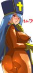  ass blue_hair bodysuit breasts cameltoe covered_nipples dragon_quest dragon_quest_iii gloves hat heart higashiyama_(higashiyama_honpo_l.t.d) large_breasts latex latex_gloves looking_back mitre nipple_ribbon nipples no_panties orange_bodysuit priest_(dq3) red_eyes ribbon skin_tight solo tabard 