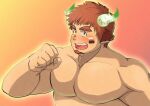  1boy :d animal_ears bara blush brown_hair clenched_hand cow_boy cow_ears cow_horns facial_hair forked_eyebrows glowing_horns goatee horns large_pectorals looking_at_viewer male_focus muscular muscular_male no_nipples nude pectorals ragi_san_(ononokomachiimo) smile solo thick_eyebrows tokyo_afterschool_summoners upper_body wakan_tanka 