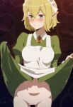  1girl apron blonde_hair blue_eyes blush bottomless censored closed_mouth commentary dress dungeon_ni_deai_wo_motomeru_no_wa_machigatteiru_darou_ka elf english_commentary green_dress hair_between_eyes hands_up highres jamesmikopi long_sleeves looking_to_the_side maid_apron maid_headdress mosaic_censoring navel pointy_ears presenting puffy_long_sleeves puffy_sleeves pussy ryu_lion solo thigh_gap thighs wing_collar 