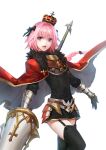  1boy astolfo_(fate) black_bow black_fur black_thighhighs bow braid cape cowboy_shot crown fang fate/grand_order fate_(series) fooltown fur-trimmed_cape fur_trim garter_straps gold_trim hair_bow hair_intakes holding holding_polearm holding_weapon lance long_hair male_focus multicolored_hair open_mouth otoko_no_ko pink_hair polearm purple_eyes red_cape simple_background single_braid skin_fang solo streaked_hair thighhighs weapon white_background white_hair 