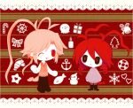  1boy 1girl anchor_symbol antenna_hair black_eyes black_footwear black_pants black_pantyhose boots bow candle candy candy_cane cherryblod_(wadanohara) chibi christmas christmas_tree colored_skin drill_hair father_and_daughter fish food funamusea funamusea_(artist) gift heart lifebuoy lobco_(wadanohara) lobster lobster_boy lobster_girl lobster_tail octopus official_art one_eye_closed oounabara_to_wadanohara pants pantyhose patterned_background pink_hair pink_sweater red_background red_eyes red_pupils red_sweater_vest ship&#039;s_wheel shirt sidelocks single_hair_intake smile snowflakes star_(symbol) sweater sweater_vest swim_ring tail twin_drills white_shirt white_skin yellow_background 