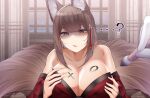  1girl 1other ? absurdres amagi_(azur_lane) animal_ears azur_lane blush body_writing breasts brown_hair cleavage confused eyeshadow facing_viewer fox_ears fox_girl fox_tail gloves hair_between_eyes hair_ornament hairpin hands_on_own_chest hands_up highres indoors japanese_clothes kimono kimono_pull kitsune large_breasts long_hair looking_down makeup multiple_tails off_shoulder open_mouth purple_eyes red_eyeshadow red_kimono samip slit_pupils solo_focus surprised tail upper_body very_long_hair white_gloves xo 