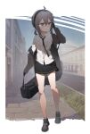  1girl absurdres ahoge bare_legs black_footwear black_gloves black_necktie black_skirt blue_sky blush boots breast_pocket building carrying carrying_case city cityscape clear_sky closed_mouth collared_shirt commentary day door dress_shirt european_architecture full_body girls&#039;_frontline gloves grass grey_footwear grey_hair grey_jacket grey_socks guitar_case hair_between_eyes hand_on_headset hand_on_own_cheek hand_on_own_face hand_up head_tilt headset highres instrument_case jacket looking_to_the_side loose_clothes loose_shirt m200_(girls&#039;_frontline) messy_hair miniskirt necktie off_shoulder outdoors parted_bangs pavement pleated_skirt pocket purple_eyes road serious shirt sidelocks skirt sky socks standing swept_bangs tr07 twintails two-tone_boots white_shirt window wooden_door 