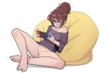  1girl barefoot bean_bag_chair black-framed_eyewear black_sweater bottomless breasts brown_hair commission earrings full_body glasses hair_bun handheld_game_console holding holding_handheld_game_console jewelry magda_(the_pink_pirate) nintendo_switch no_panties off-shoulder_sweater off_shoulder on_floor original playing_games purple_eyes pussy short_hair single_hair_bun sitting small_breasts solo spread_legs sweater the_pink_pirate toes uncensored wide_sleeves 