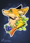 abstract_background ambiguous_gender bilberry blueberry_(fruit) blurred_background canid canine fangs food fox fruit green_eyes hi_res leaf leaves_in_hair looking_at_viewer mammal plant portrait red_fox solo stirren teeth
