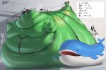 belly bellylliumu bodily_fluids duo feral generation_3_pokemon hi_res immobile japanese_text legendary_pokemon morbidly_obese nintendo obese out_of_breath overweight pokemon pokemon_(species) rayquaza size_difference sweat sweatdrop sweaty_belly sweaty_body text translation_request wailord