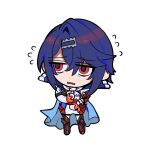  1boy alcryst_(fire_emblem) ascot blue_hair chibi fire_emblem fire_emblem_engage hair_between_eyes hair_ornament hairclip long_sleeves red_eyes rroo0maaa shirt short_hair simple_background solo standing white_ascot white_background white_shirt 