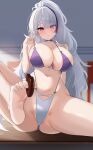  1girl absurdres azur_lane between_toes bikini breasts chocolate_on_foot choker collarbone hair_over_one_eye highleg highleg_bikini highres large_breasts long_hair multicolored_hair navel o-ring o-ring_bikini official_alternate_costume purple_bikini purple_choker purple_eyes purple_hair rk_(cc15915r) solo streaked_hair swimsuit two-tone_bikini untied_bikini_top unzen_(azur_lane) unzen_(sojourn_through_clear_seas)_(azur_lane) very_long_hair 