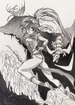  1girl absurdres alisia_dragoon alisia_dragoon_(character) artist_request ass boomerang_lizard dragon from_side headband highres legs loincloth long_hair looking_back monochrome official_art open_mouth ponytail ribbon sandals second-party_source shirt short_sleeves thighs wings 