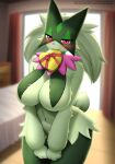 anthro areola big_breasts blush breasts faroula_twitt felid feline female fur generation_9_pokemon green_body green_fur hi_res looking_at_viewer mammal meowscarada nintendo nude pokemon pokemon_(species) solo