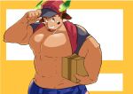  1boy alternate_costume animal_ears bara bare_pectorals baseball_cap box brown_hair cardboard_box carrying carrying_under_arm clothes_lift cow_boy cow_ears cow_horns cowboy_shot delivery denim facial_hair forked_eyebrows glowing_horns goatee hat horns huge_pectorals jeans looking_at_viewer male_focus muscular muscular_male no_nipples pants pectorals ragi_san_(ononokomachiimo) shirt_behind_neck shirt_lift solo strongman_waist thick_eyebrows tokyo_afterschool_summoners wakan_tanka 