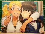  2girls :d arm_around_shoulder blazer blonde_hair blush breasts brown_eyes brown_hair chalkboard classroom cleavage collarbone cutting_mat dark-skinned_female dark_skin fingernails gyaru heads_together indoors jacket komi-san_wa_komyushou_desu komi_shouko long_fingernails looking_at_viewer manbagi_rumiko marker_(medium) medium_breasts multiple_girls omar_dogan open_mouth photo_(medium) pointing sanpaku school_uniform shirt signature smile tan traditional_media white_shirt 