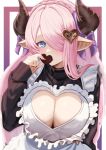  1girl apron blue_eyes braid breasts candy chocolate cleavage cleavage_cutout clothing_cutout draph food frilled_apron frills granblue_fantasy hair_ornament hair_over_one_eye heart heart-shaped_chocolate heart_hair_ornament highres hilda_sakura horns large_breasts long_hair narmaya_(granblue_fantasy) narmaya_(valentine)_(granblue_fantasy) official_alternate_costume pink_hair pointy_ears solo sweater 