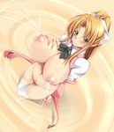  blonde_hair blush bow breasts copyright_request fct green_eyes hair_bow huge_breasts lactation long_hair no_panties open_clothes open_shirt pussy shirt solo thighhighs 
