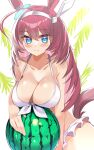  1girl ahoge animal_ears bikini blaze_(blazeillust) blue_eyes breast_rest breasts brown_hair cleavage closed_mouth commentary ear_ornament food frilled_bikini frills front-tie_bikini_top front-tie_top frown fruit grey_hairband hair_ornament hairband halterneck highres horse_ears horse_girl horse_tail large_breasts leaning_forward long_hair looking_at_viewer mihono_bourbon_(umamusume) solo sweat swimsuit tail umamusume watermelon white_bikini 