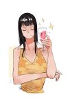  absurdres black_hair blunt_bangs closed_eyes collared_shirt commentary cup floral_print highres holding holding_cup iago_fn long_hair nico_robin one_piece portuguese_commentary shirt sleeveless sleeveless_shirt smile solo star_(symbol) upper_body yellow_shirt 