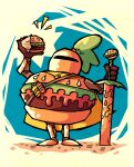  burger commission food food-themed_clothes helmet highres holding holding_burger holding_food holding_sword holding_weapon knight looking_at_viewer original pixiv_commission planted planted_sword setz solo sword weapon 
